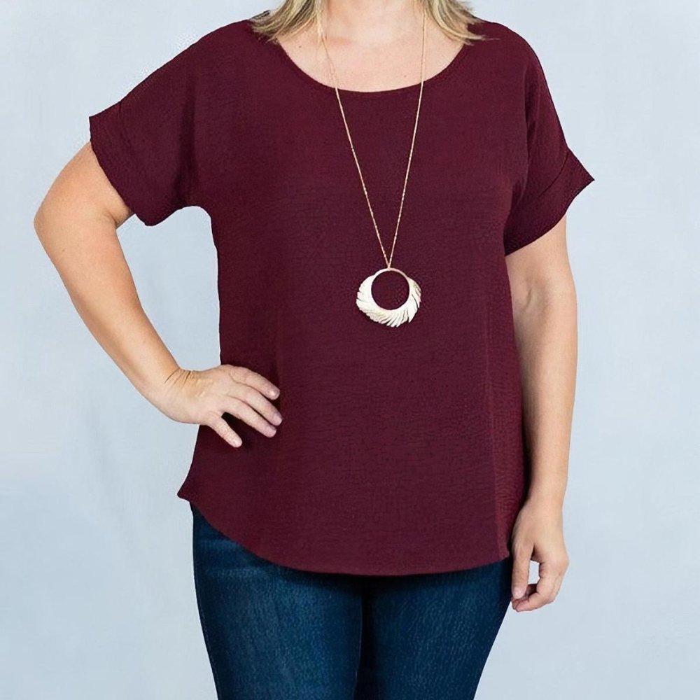 Burgundy Scooped Neck Top with Rolled Sleeves by Entro Size Small